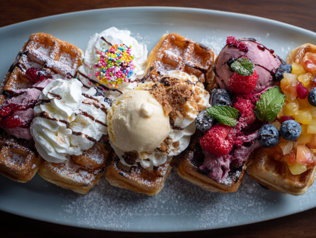 Wir sehen eine Vielzahl an Waffeln zum Dessert auf einem Tisch im atoll München
